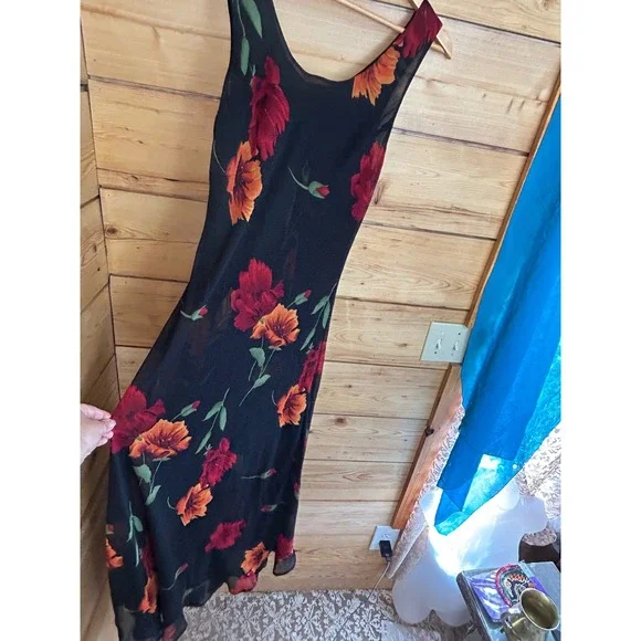 Vintage Floral Chiffon Reversible Sleeveless Maxi Dress Black Red Orange - Picture 5 of 8